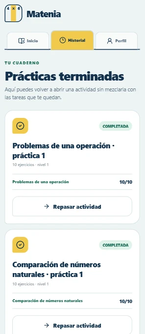 Historial de prácticas terminadas en la app del alumno, con opciones para repasar cada actividad