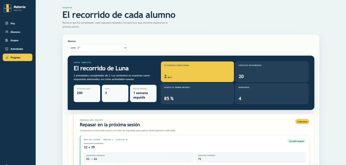 Pantalla de Matenia Profes con el progreso y los ejercicios que conviene repasar